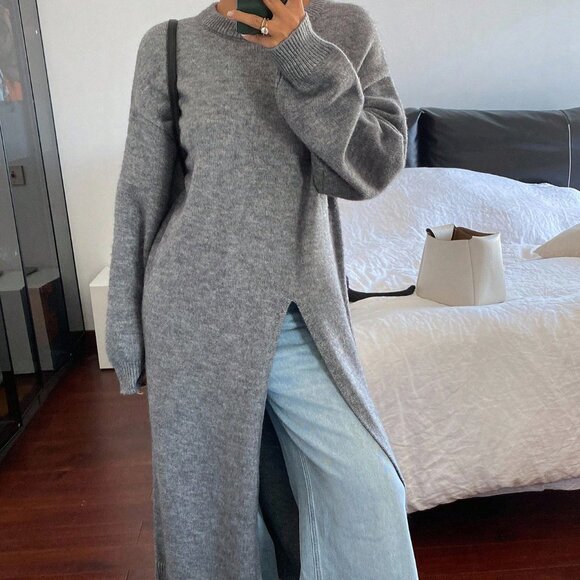 Grey Women's Casual Split Hem Knit Sweater Top - Picture 3 of 7